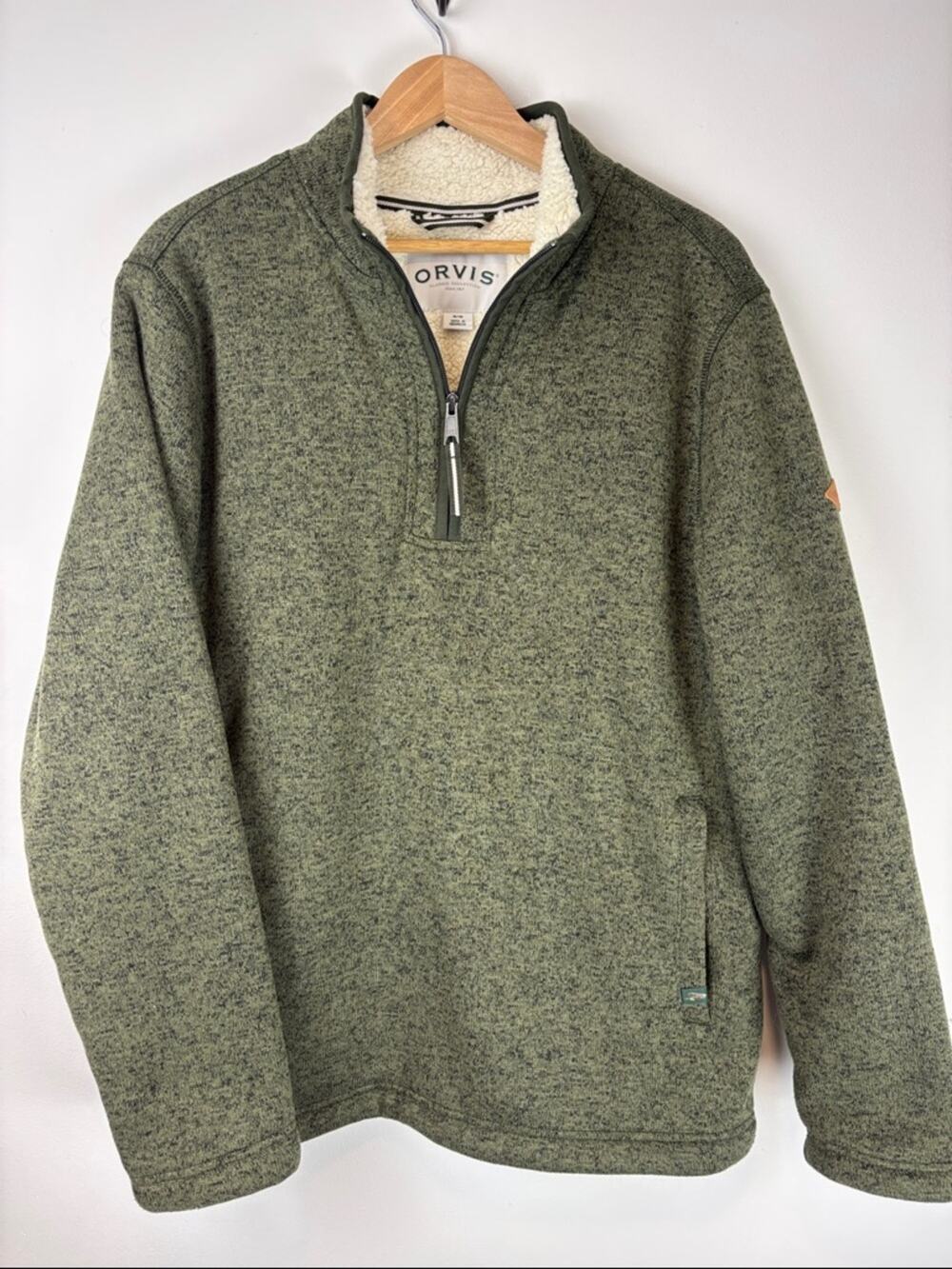 Orvis Sherpa Lined Quarter Zip Pullover Green Fleece Sweater Men’s Sz M Outdoor